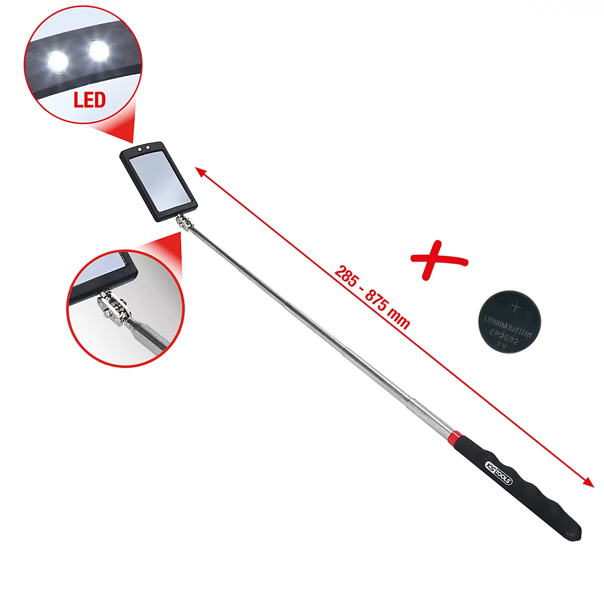 Teleskopspiegel mit LED-Beleuchtung, Batterie und Abbildung LED, inkl. Detailansicht des Spiegels.